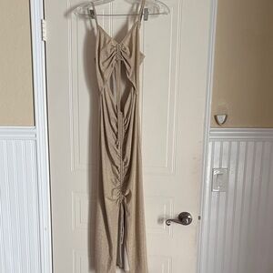 Charlie Holiday Champagne Beige Ruched Backless Maxi Dress, 4